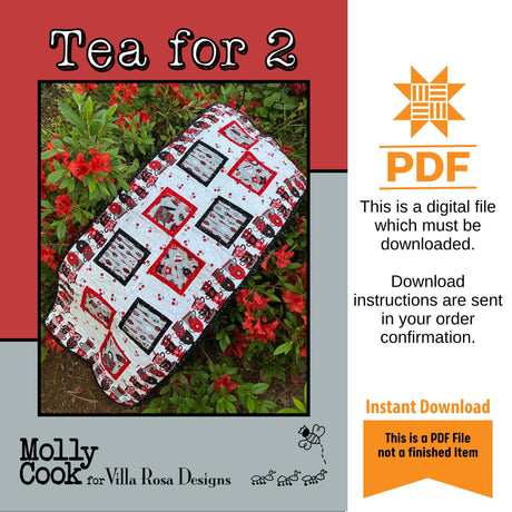 Tea for 2 Table Runner Pattern Only - INSTANT DIGITAL DOWNLOAD - From Molly Cook for Villa Rosa Designs Size 19" x 49"