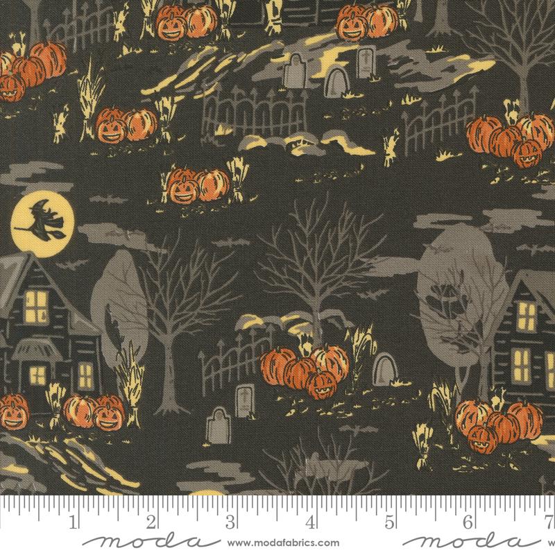 a halloween scene with pumpkins on a black background
