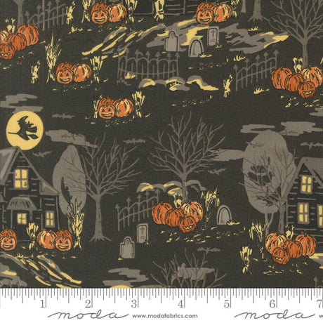 a halloween scene with pumpkins on a black background