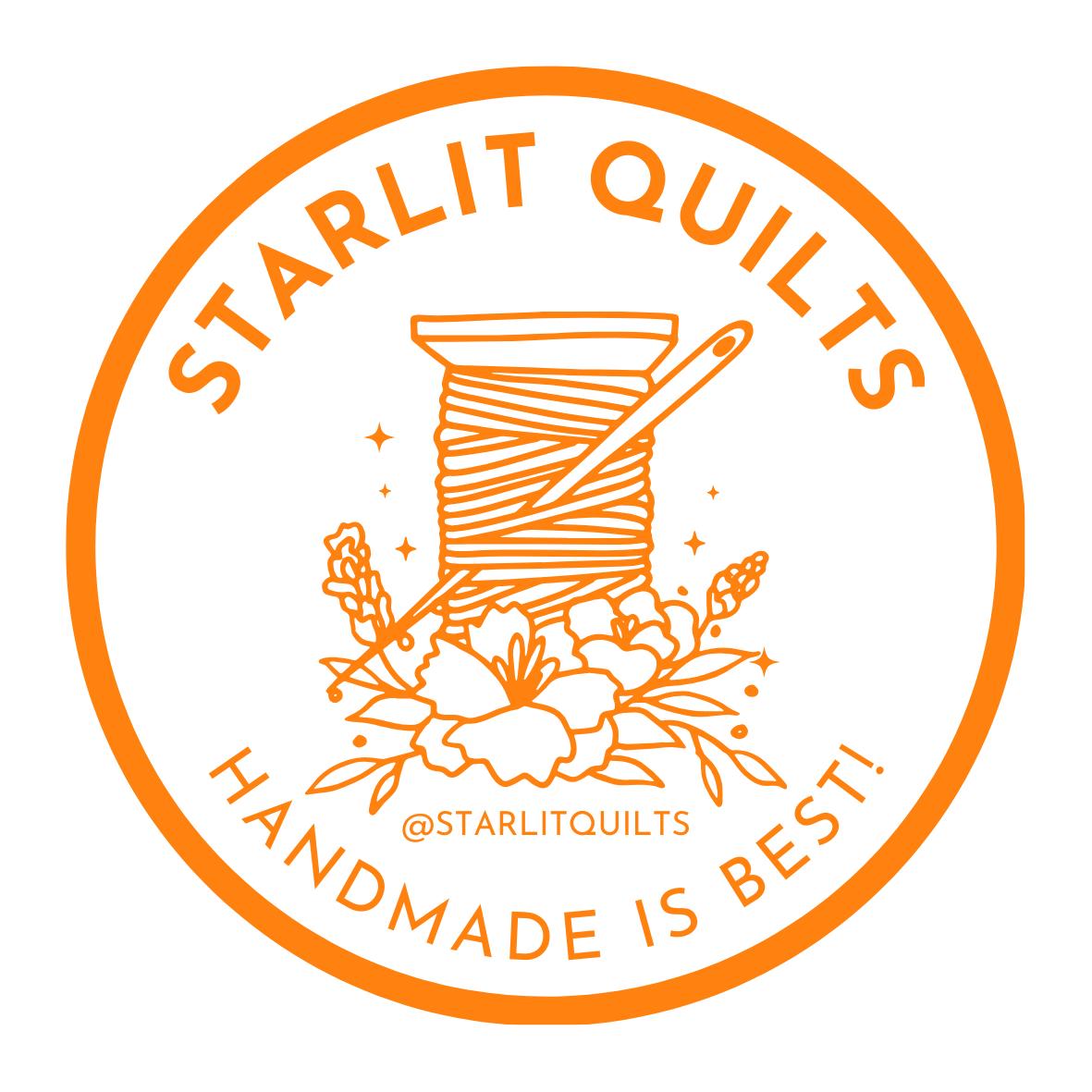 a logo for a company called &quot;Starlit Quilts&quot;. The logo consists of a circular design with a spool of thread and a needle, surrounded by flowers and leaves. The text &quot;Starlit Quilts&quot; is written in large letters at the top of the circle, and &quot;HANDMADE IS BEST!&quot; is written at the bottom.