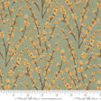 a repeating pattern of small orange flowers on brown branches against a light green background.