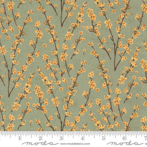 a repeating pattern of small orange flowers on brown branches against a light green background.