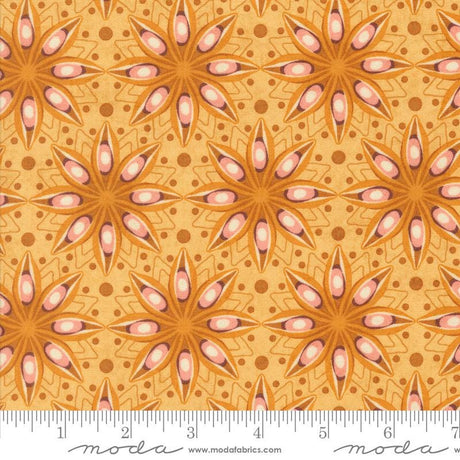 a repeating pattern of orange and brown flowers with white centers, creating a visually striking and symmetrical design.
