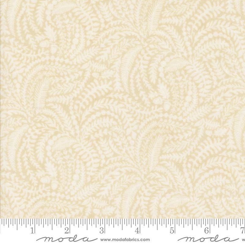 The image is a fabric with a repeating pattern of leaves or ferns in various shades of beige.