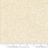 The image is a fabric with a repeating pattern of leaves or ferns in various shades of beige.