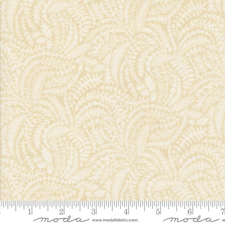The image is a fabric with a repeating pattern of leaves or ferns in various shades of beige.