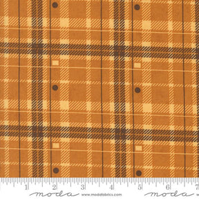 a close-up view of a fabric with a plaid pattern in shades of brown and orange. The fabric appears to be made of a material with a grid-like texture, which is commonly associated with plaid patterns. The image does not contain any text or other discernible objects or actions.