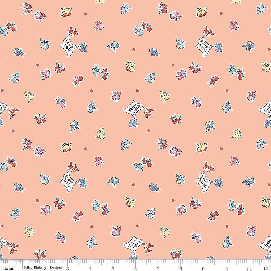 Love Notes Songbirds Apricot Yardage C16382-Apricot by Lindsay Wilkes for Riley Blake Designs 1/2 yard increments cut continuously