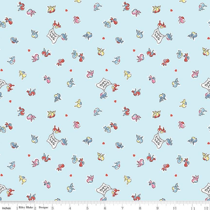 Love Notes Songbirds Sky Yardage C16382-Sky by Lindsay Wilkes for Riley Blake Designs 1/2 yard increments cut continuously