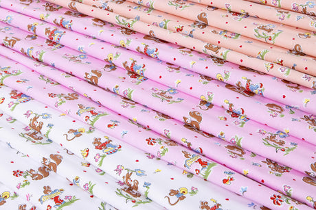 a collection of fabric swatches with various patterns and designs, including animals, flowers, and other decorative elements.
