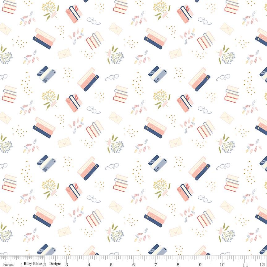 End of Bolt 20 inches - Between the Pages Bookish Life Yardage C15371-White by Fran Gulick for Riley Blake Designs EOB 3452