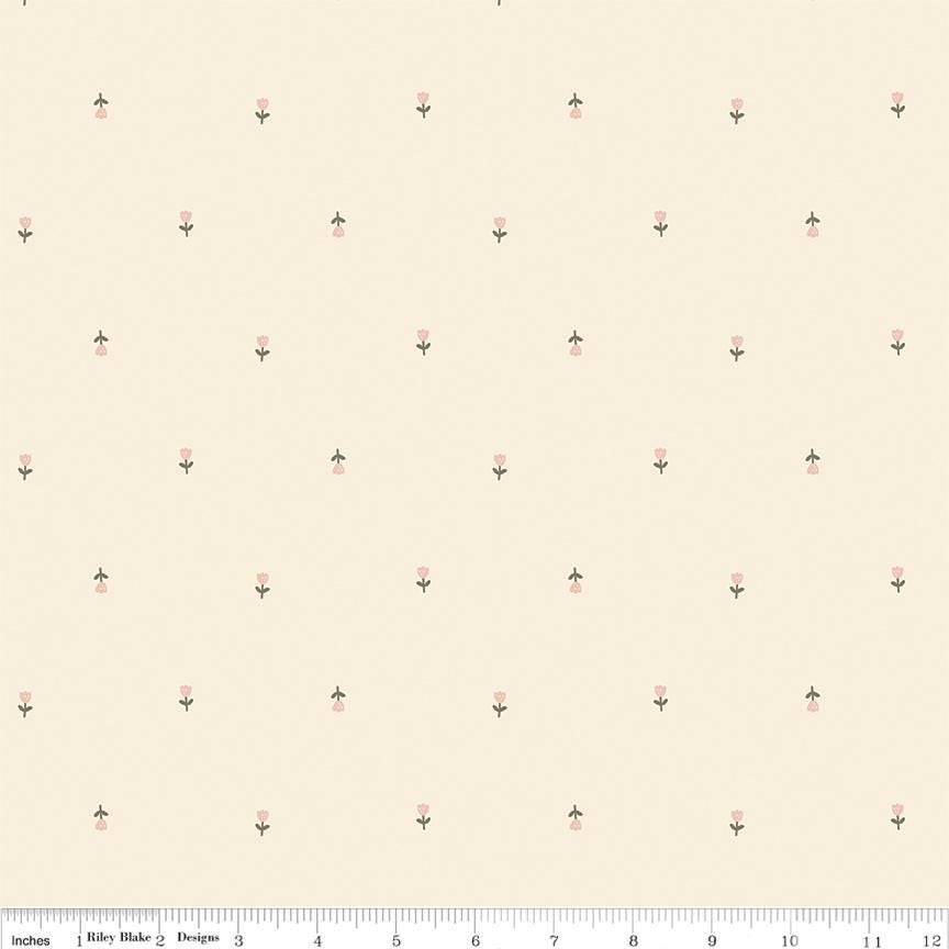 a repeating pattern of small pink flowers on a light beige background.