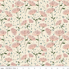 a repeating pattern of pink flowers with green leaves against a light beige background.