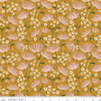 a repeating pattern of pink flowers with green stems and leaves against a yellow background.