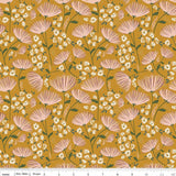 a repeating pattern of pink flowers with green stems and leaves against a yellow background.