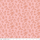 a repeating pattern of small orange flowers and leaves on a pink background.