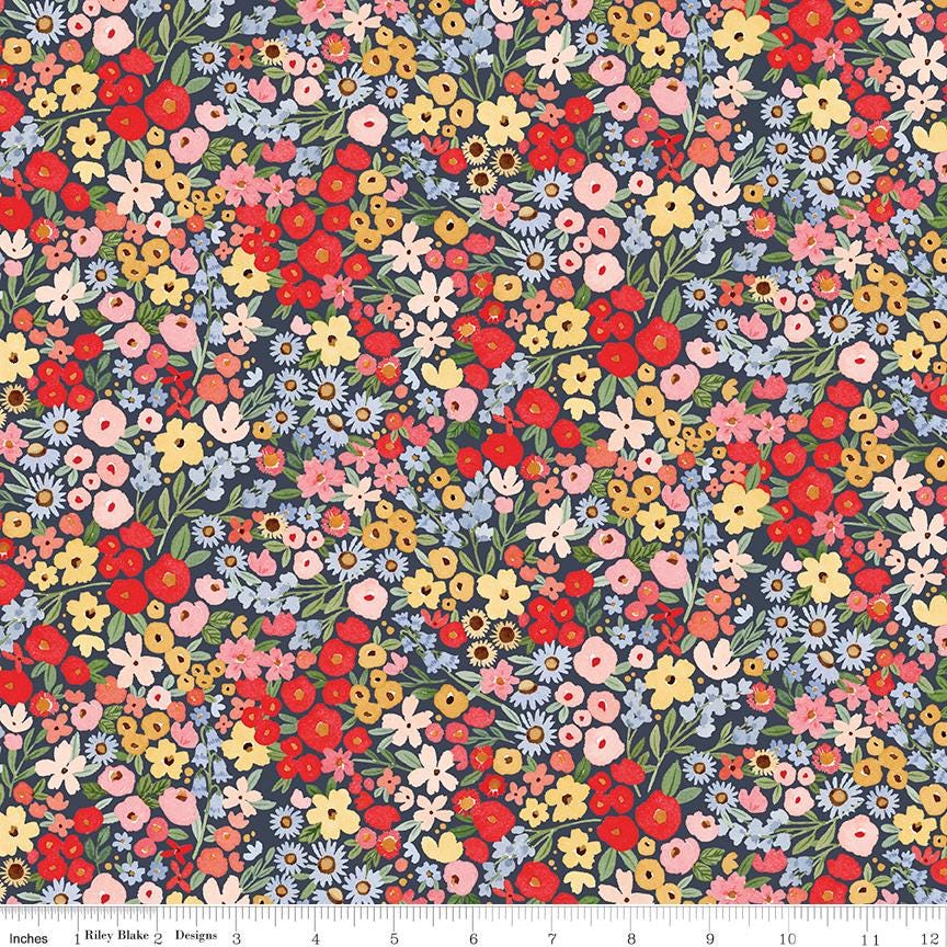 The image is a vibrant and colorful floral pattern composed of various types of flowers in different colors, including red, yellow, pink, and blue. The pattern is densely packed with flowers, creating a visually striking and lively design.
