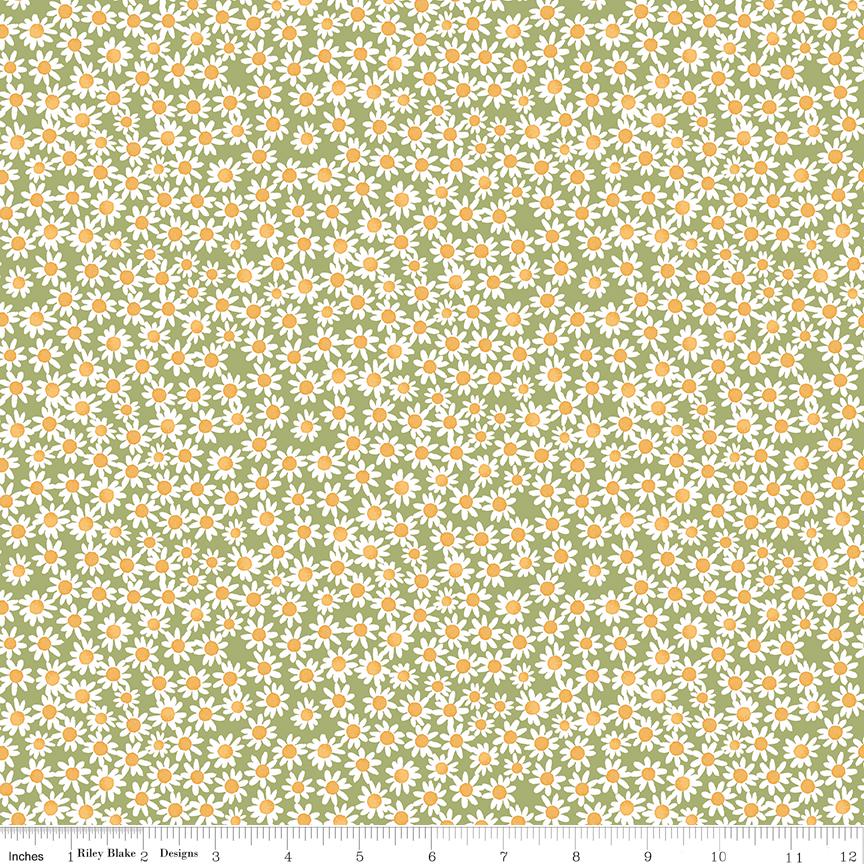 The image is a repeating pattern of small white and orange flowers on a green background.