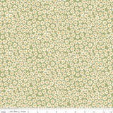 The image is a repeating pattern of small white and orange flowers on a green background.