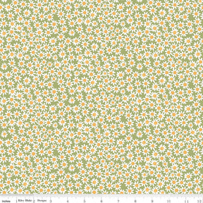 The image is a repeating pattern of small white and orange flowers on a green background.