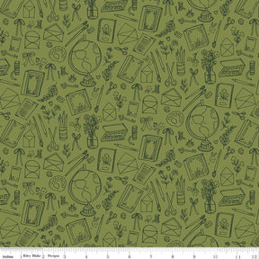 a repeating pattern of various school supplies and office items, such as pencils, scissors, globes, books, and envelopes, all drawn in a simple line art style.