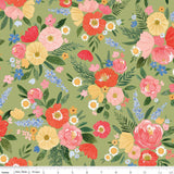 The image is a vibrant and colorful floral pattern featuring a variety of flowers and leaves in shades of pink, yellow, orange, and green.