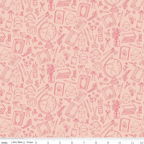 a repeating pattern of various school supplies and office items, such as pencils, scissors, books, globes, and envelopes, all drawn in a simple, hand-drawn style.