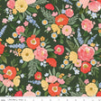 The image is a vibrant and colorful floral pattern featuring a variety of flowers and leaves in shades of pink, yellow, and red against a dark green background.