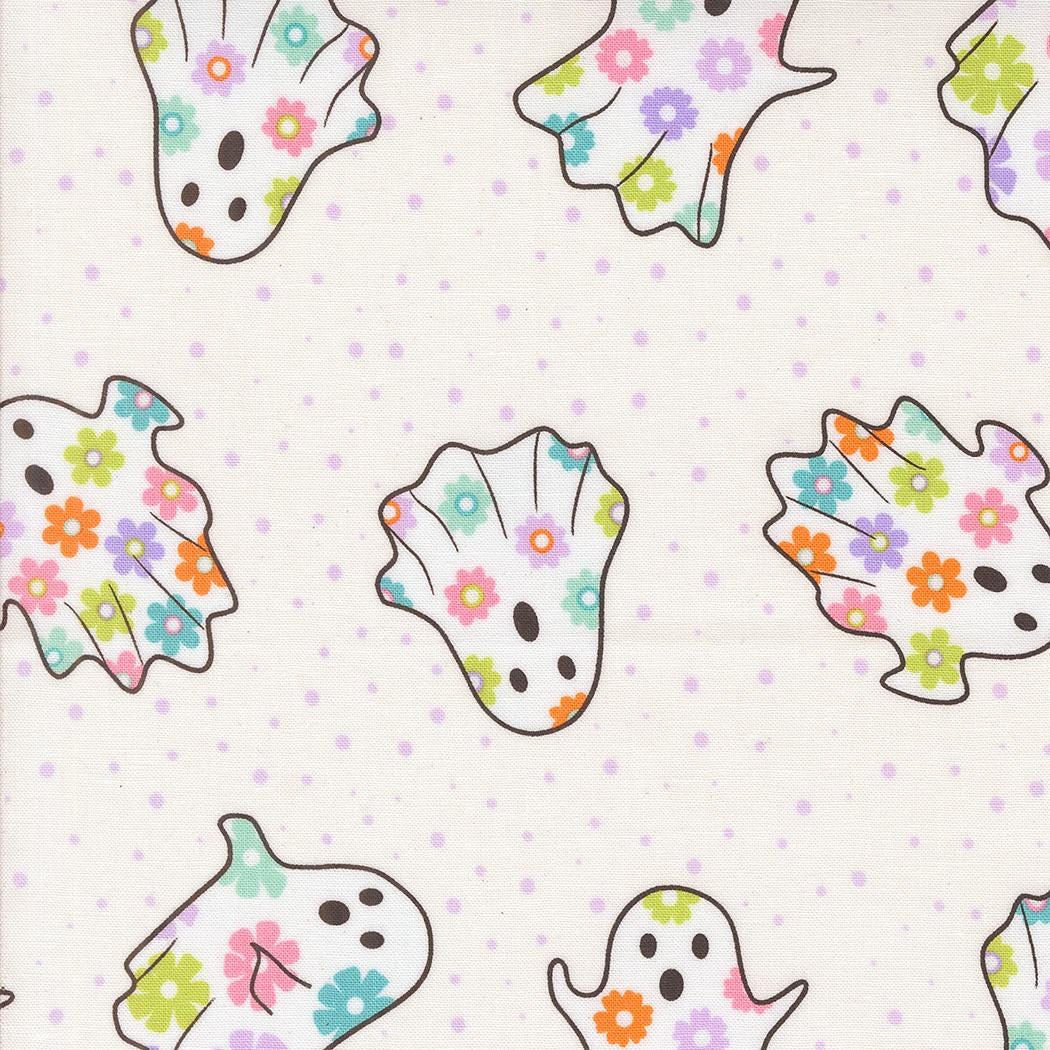 a pattern of colorful ghost-like figures with flower designs on a white background.