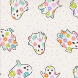 a pattern of colorful ghost-like figures with flower designs on a white background.