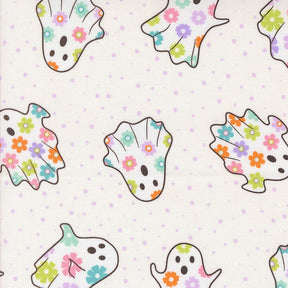 a pattern of colorful ghost-like figures with flower designs on a white background.