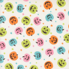 a repeating pattern of Halloween pumpkins in various colors and sizes, along with small stars scattered throughout the design.