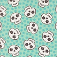 a repeating pattern of stylized white skull faces with black floral accents against a light blue background.