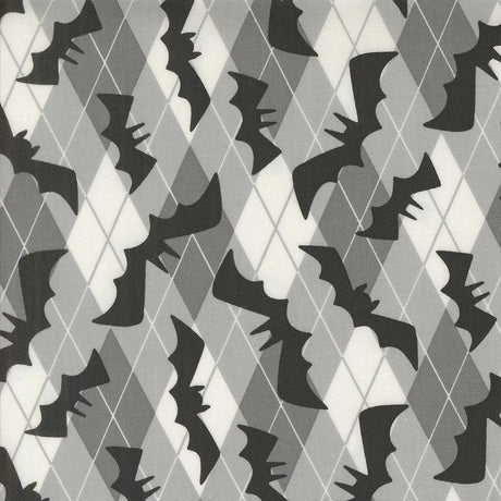 a repeating pattern of black bat silhouettes against a white background, creating a visually striking and geometric design.