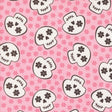 a repeating pattern of stylized skull faces on a pink background with small pink flowers scattered throughout.