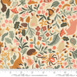 The image is a fabric with a repeating pattern of various animals, flowers, and leaves in different colors, including brown, green, orange, and pink.