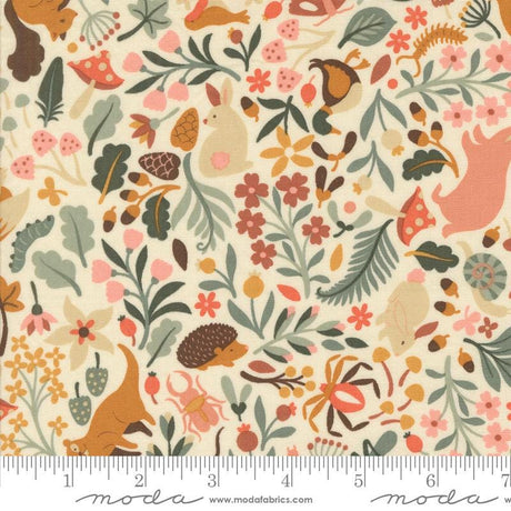 The image is a fabric with a repeating pattern of various animals, flowers, and leaves in different colors, including brown, green, orange, and pink.