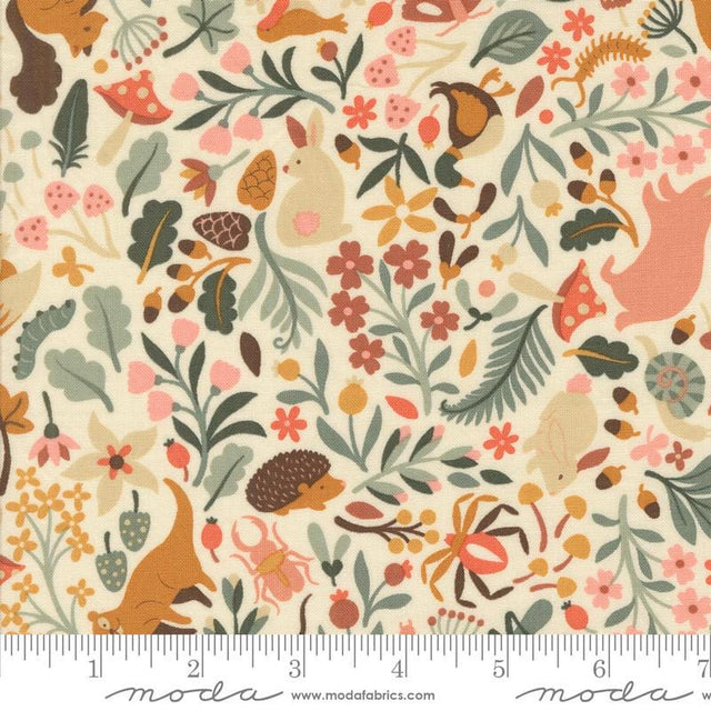 The image is a fabric with a repeating pattern of various animals, flowers, and leaves in different colors, including brown, green, orange, and pink.