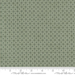 a close-up view of a fabric with a repeating pattern of green circles on a white background.