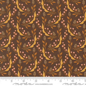 a repeating pattern of brown leaves and flowers on a dark background, creating a visually appealing and intricate design.