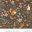 The image is a vibrant and colorful fabric with a variety of animals, flowers, and mushrooms printed on it. The pattern includes a rabbit, a fox, a hedgehog, and other woodland creatures, as well as various types of flowers and mushrooms. The fabric appears to be a part of a larger textile or garment, with a ruler visible in the bottom right corner for scale.