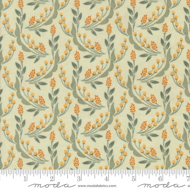 a repeating pattern of orange flowers and green leaves on a light green background.