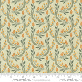 a repeating pattern of orange flowers and green leaves on a light green background.