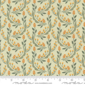 a repeating pattern of orange flowers and green leaves on a light green background.