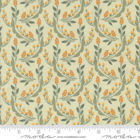 a repeating pattern of orange flowers and green leaves on a light green background.