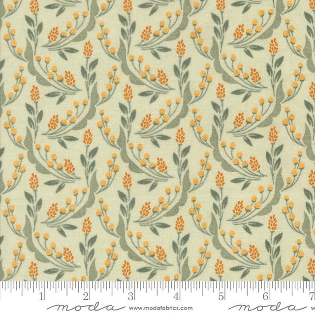 a repeating pattern of orange flowers and green leaves on a light green background.