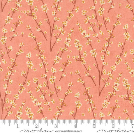 a repeating pattern of small white flowers on brown branches against a peach-colored background.
