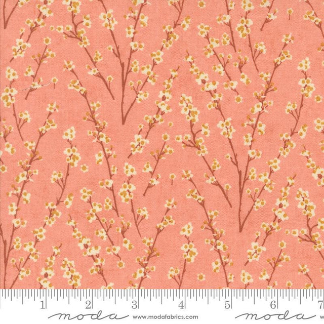 a repeating pattern of small white flowers on brown branches against a peach-colored background.
