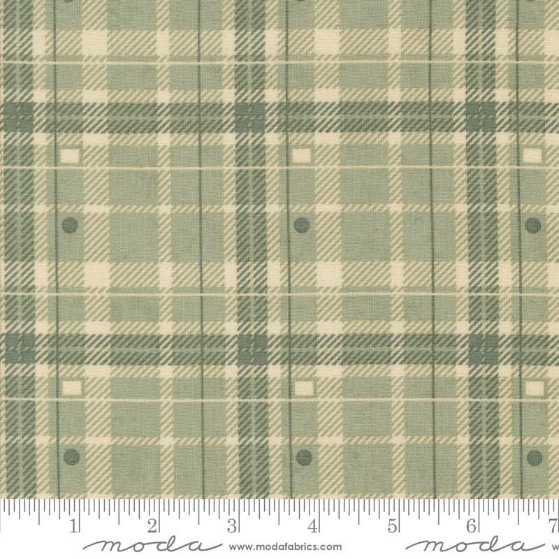 a fabric with a green and beige plaid pattern, featuring a repeating diagonal grid-like design. The fabric appears to be a textile or material with a plaid pattern, which is a type of textile design characterized by diagonal or crisscrossing lines. The fabric is displayed on a ruler for scale, indicating its size or dimensions.