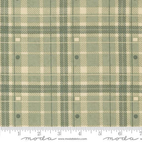 a fabric with a green and beige plaid pattern, featuring a repeating diagonal grid-like design. The fabric appears to be a textile or material with a plaid pattern, which is a type of textile design characterized by diagonal or crisscrossing lines. The fabric is displayed on a ruler for scale, indicating its size or dimensions.